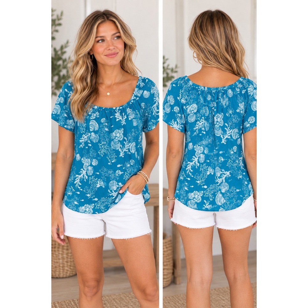 Fresh Produce Blue Cotton Gauze Sea Life Shell Coral Print Blouse Top L Coastal